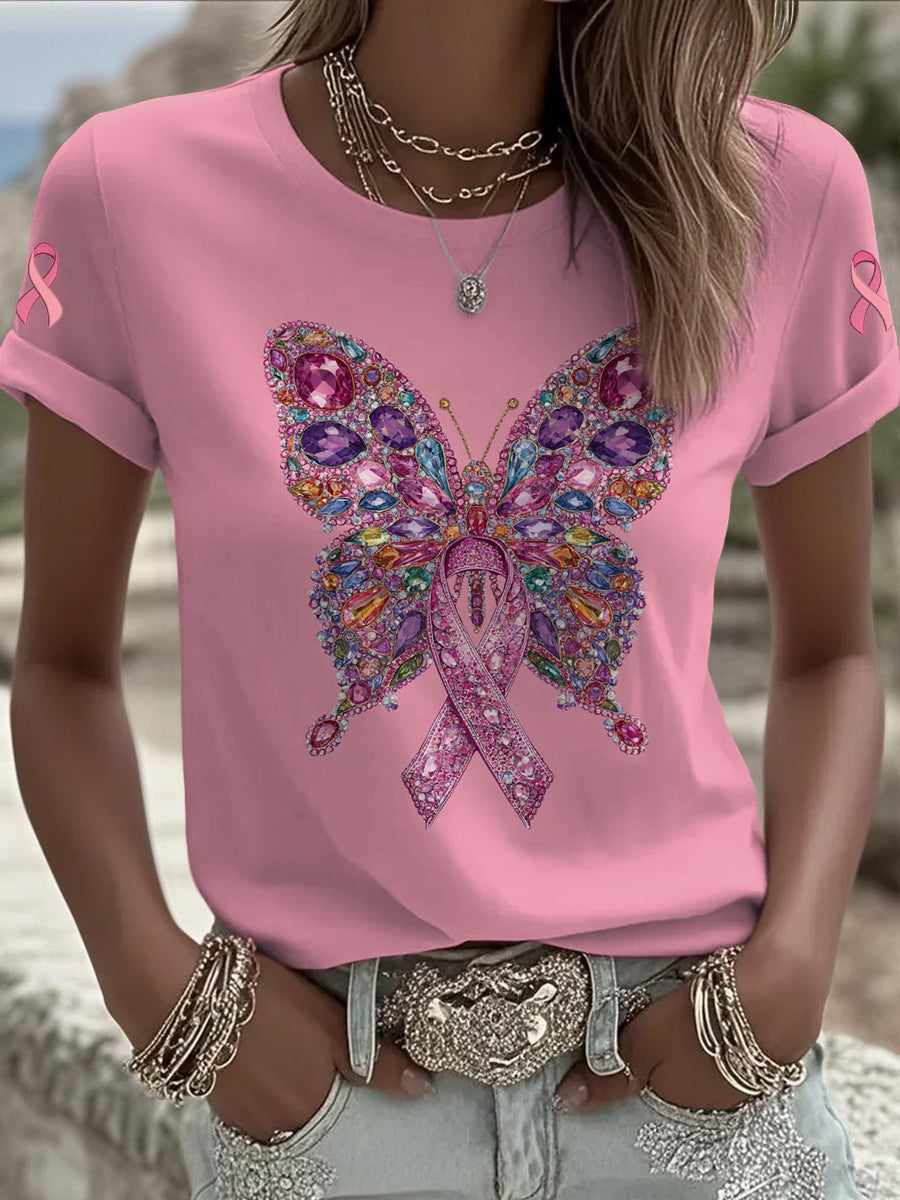 Women's Breast Cancer Butterfly Printed Vintage Fashion Loose Short Sleeve T-Shirt