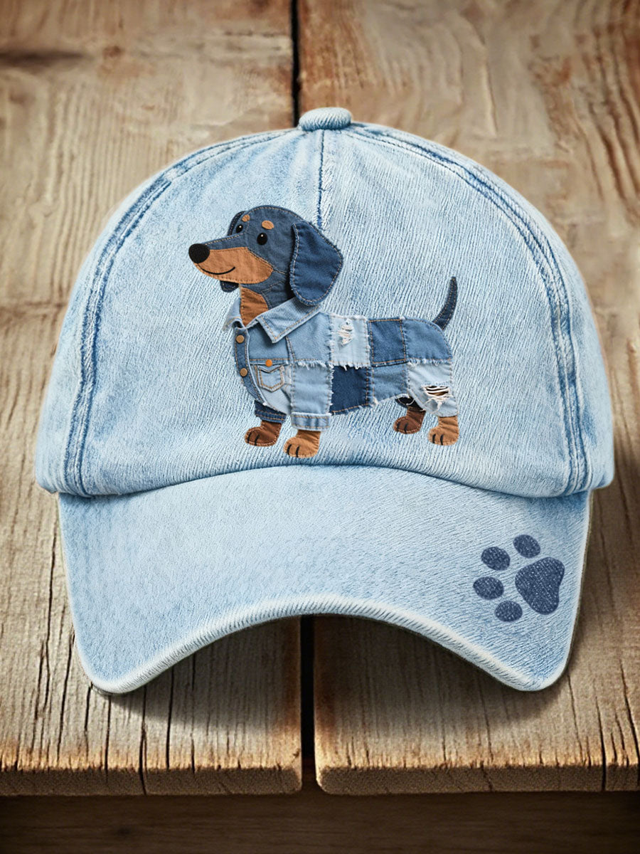 Unisex Denim Patchwork Dachshund Pattern Hat