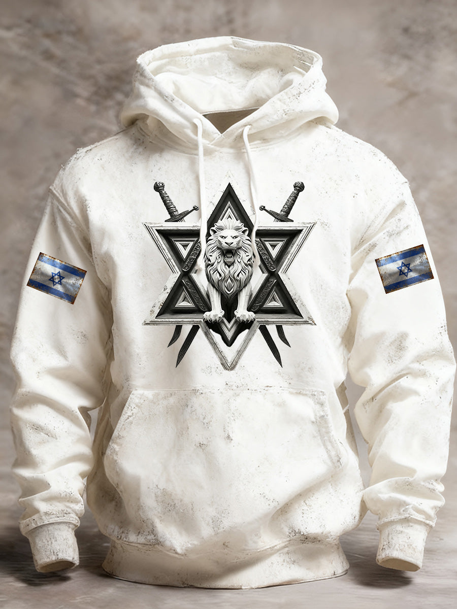 Men's Israeli Vintage Distressed Flag Print Hooded Sweatshirt