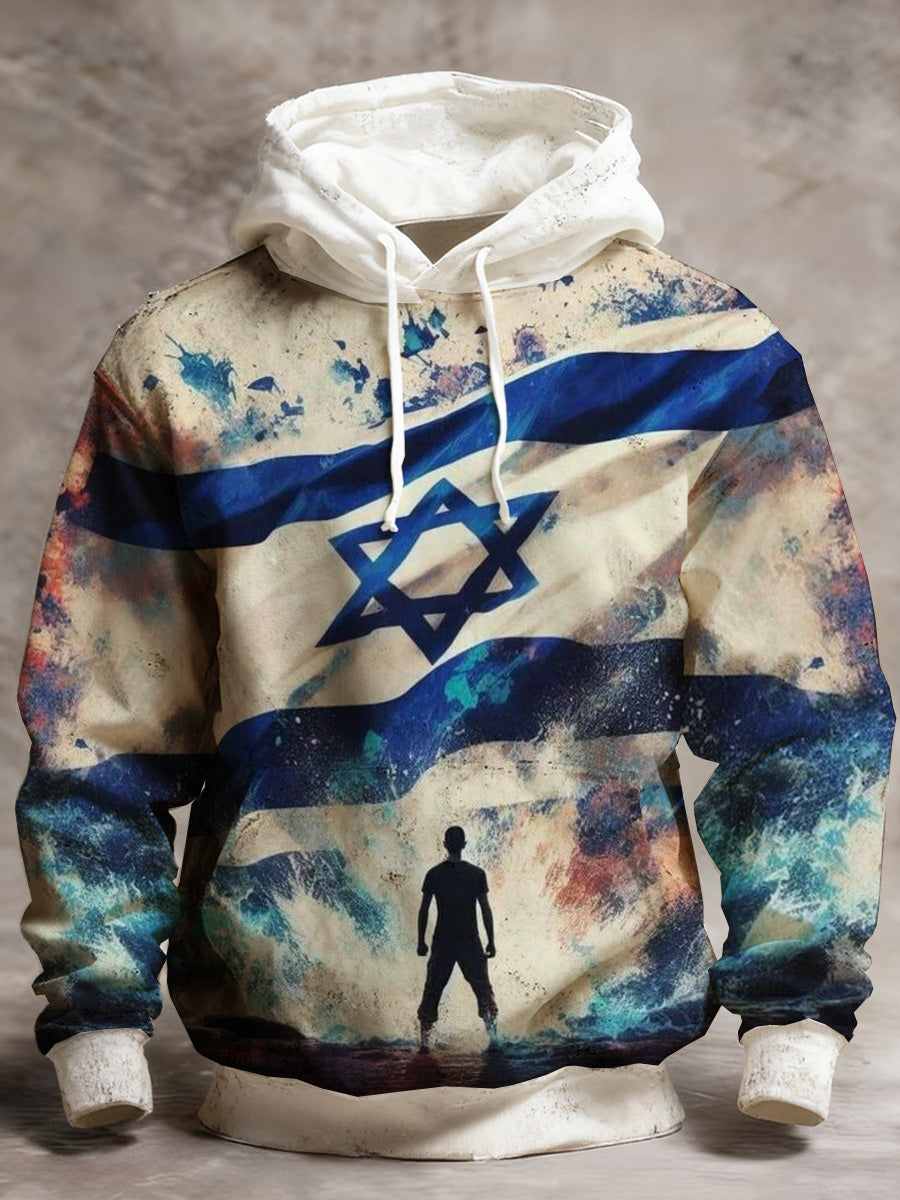 Men's Israeli Vintage Distressed Flag Print Hooded Sweatshirt