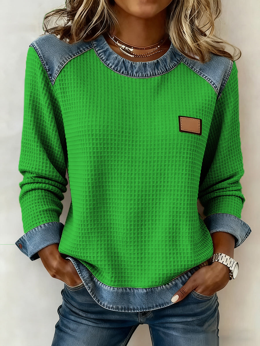 Women's Fashion Patchwork Design Waffle Sweatshirt