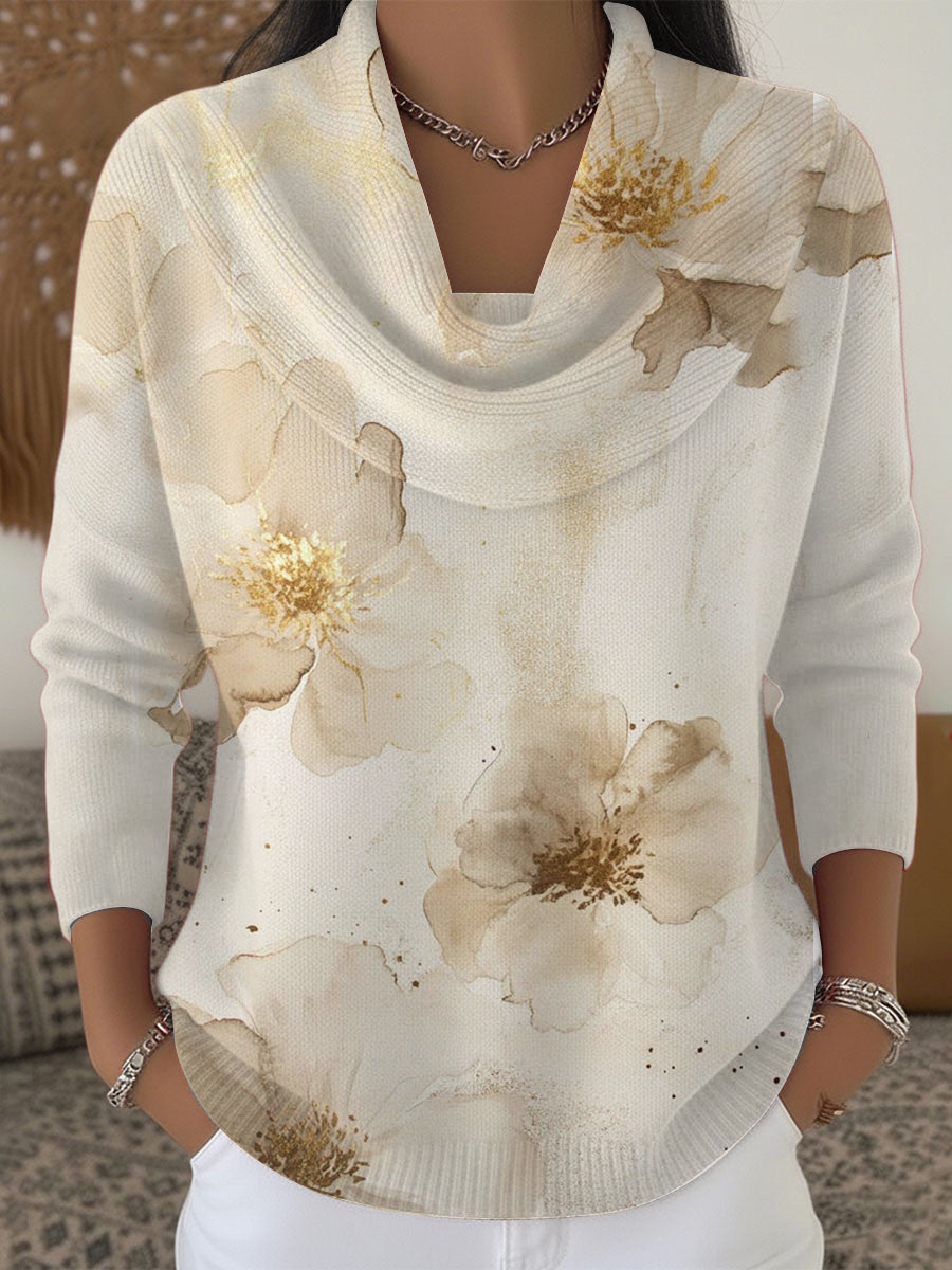 Women's Luxurious Gold Floral Print Cowl Neck Sweater