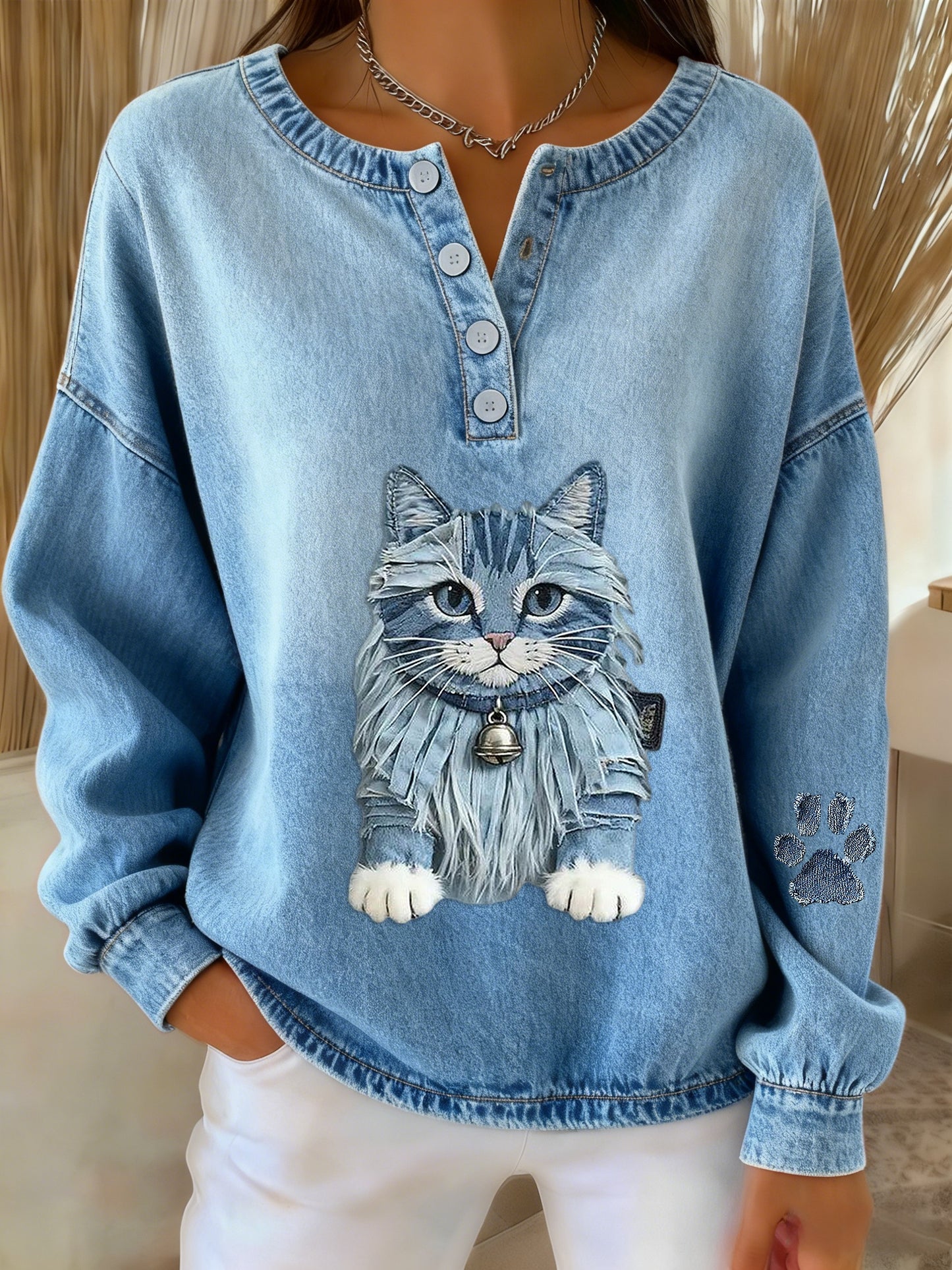 Women's Retro Cute Cat Denim Patchwork Art Print Sweatshirt