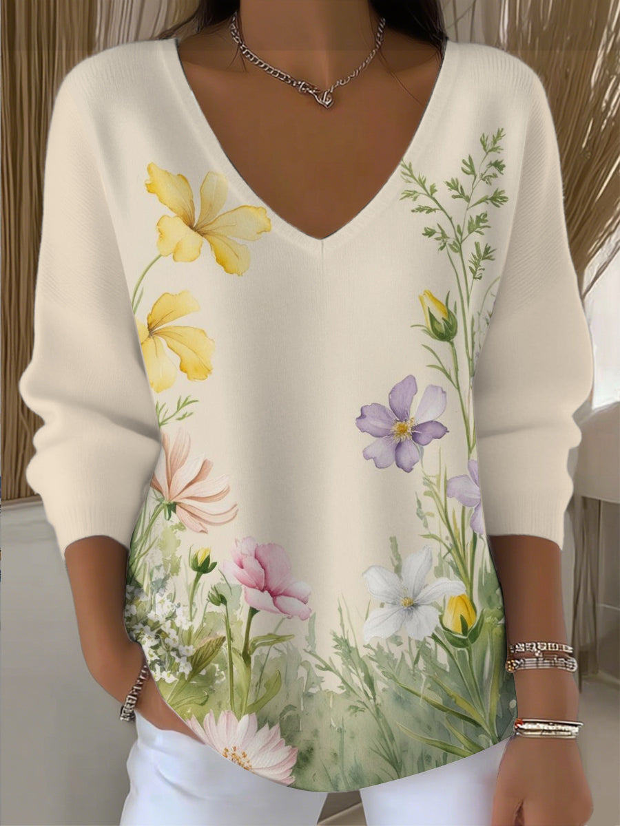 Women's Beige Watercolor Floral Print V - Neck Top
