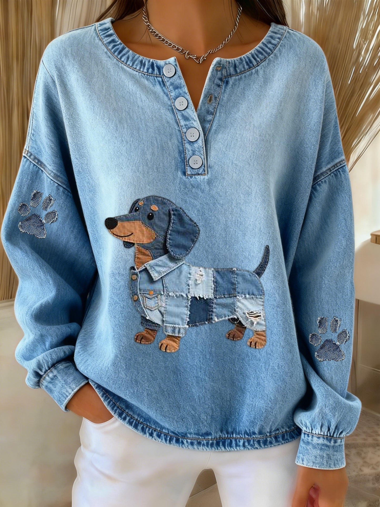 Women's Retro Cute Dachshund Paw Prints Denim Patchwork Art Print Sweatshirt