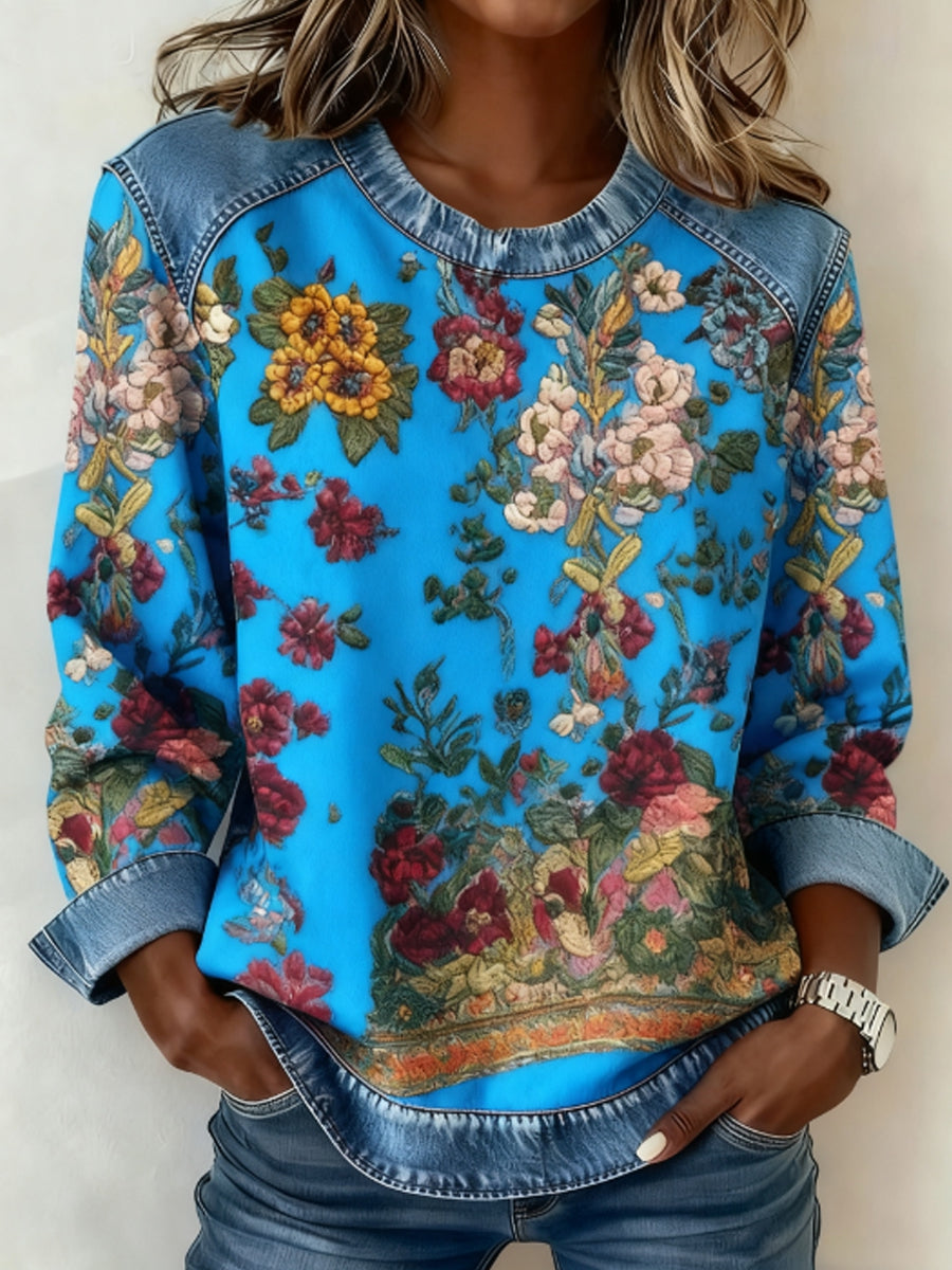 Women's Breast Cancer Awareness Floral 3D Print Denim Sweatshirt