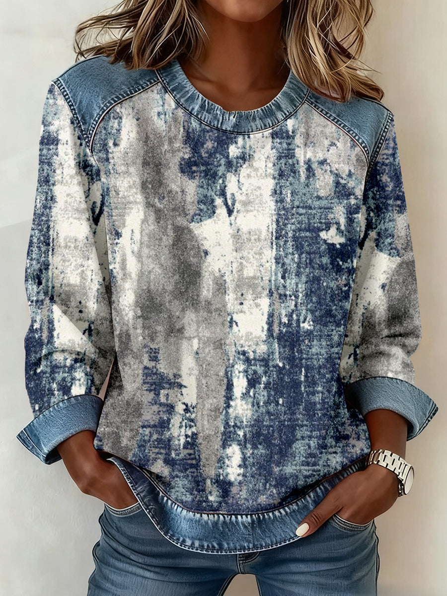 Women's Vintage Distressed Pattern Denim Patchwork Sweatshirt