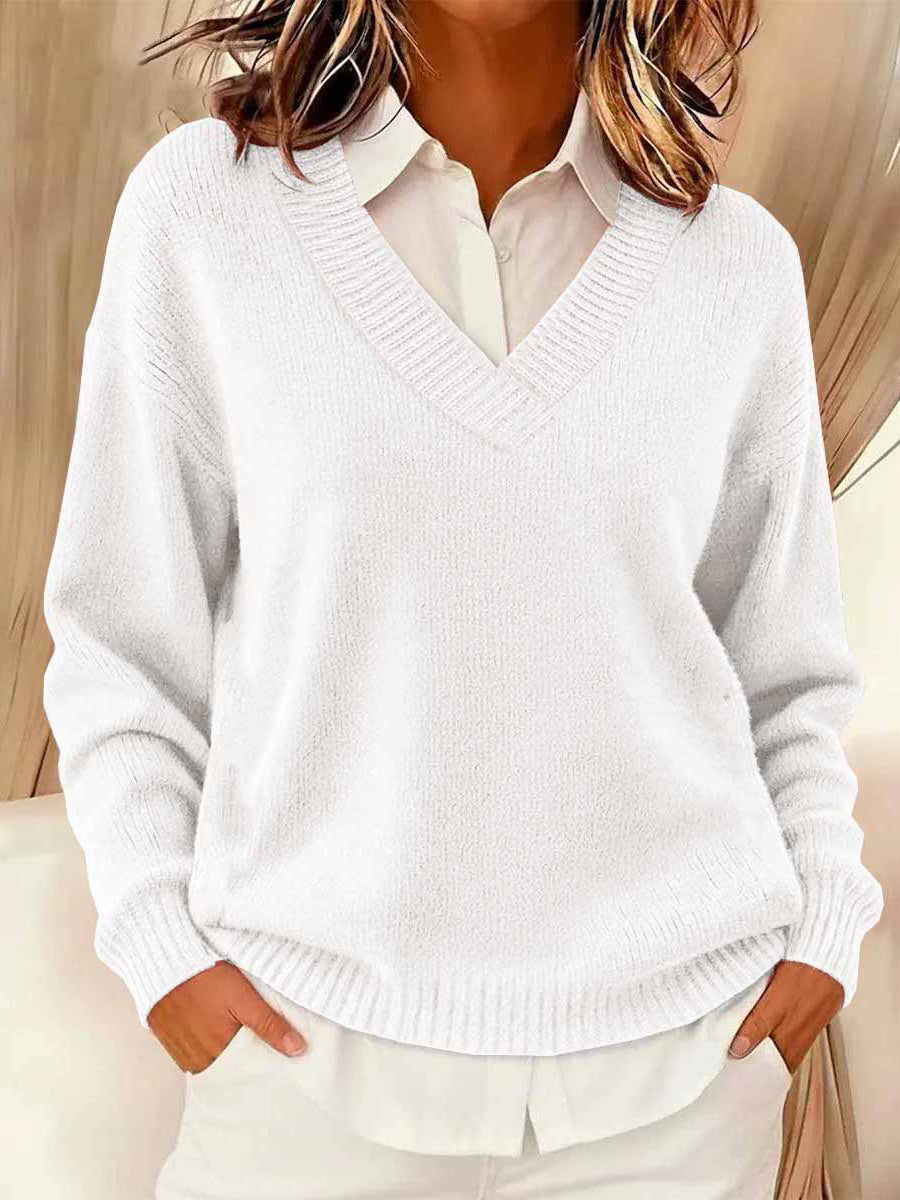 Women's Simple Solid Color Cozy Knit V-Neck Sweater