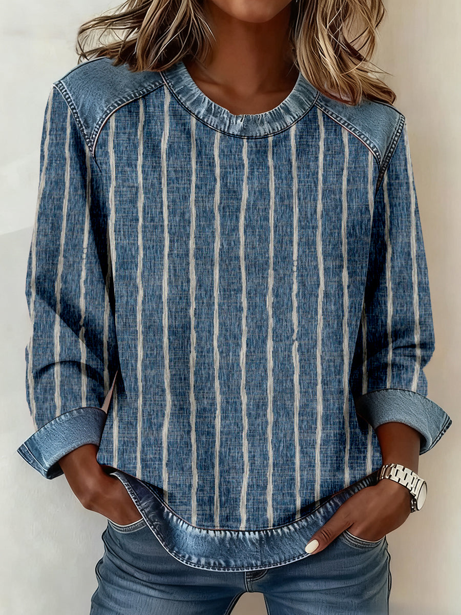 Women's Vintage Striped Print Denim Patchwork Sweatshirt
