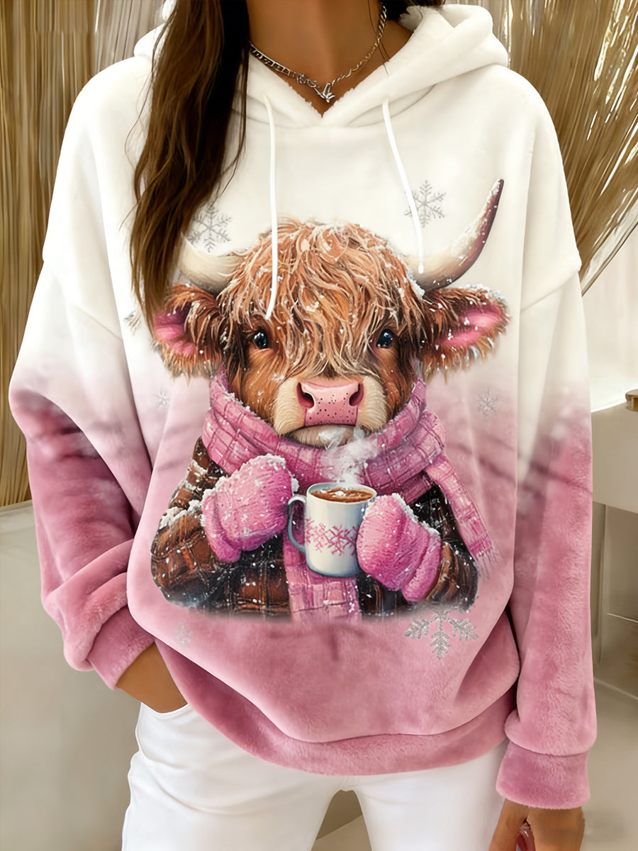 Women's Winter Cute Highland Cow Flannel Hoodie