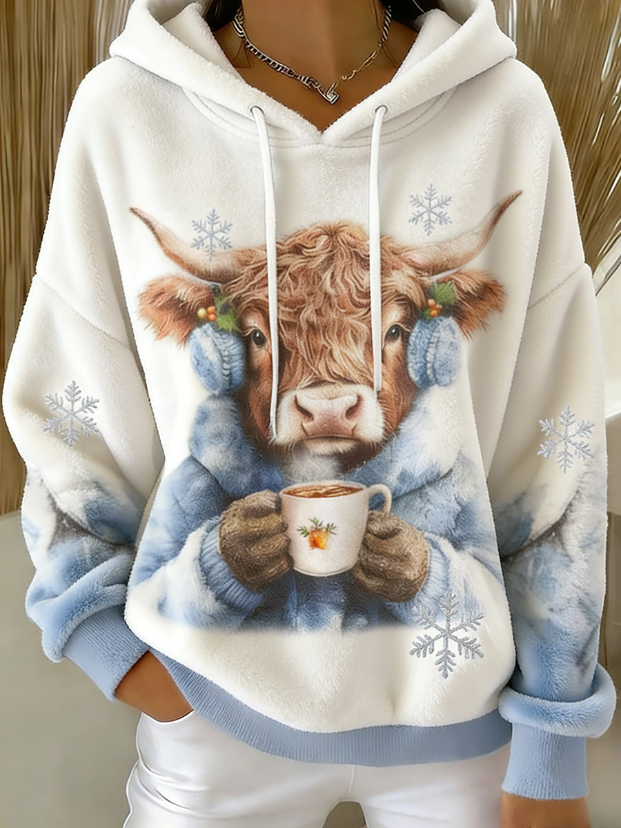 Women's Winter Cute Highland Cow Flannel Hoodie