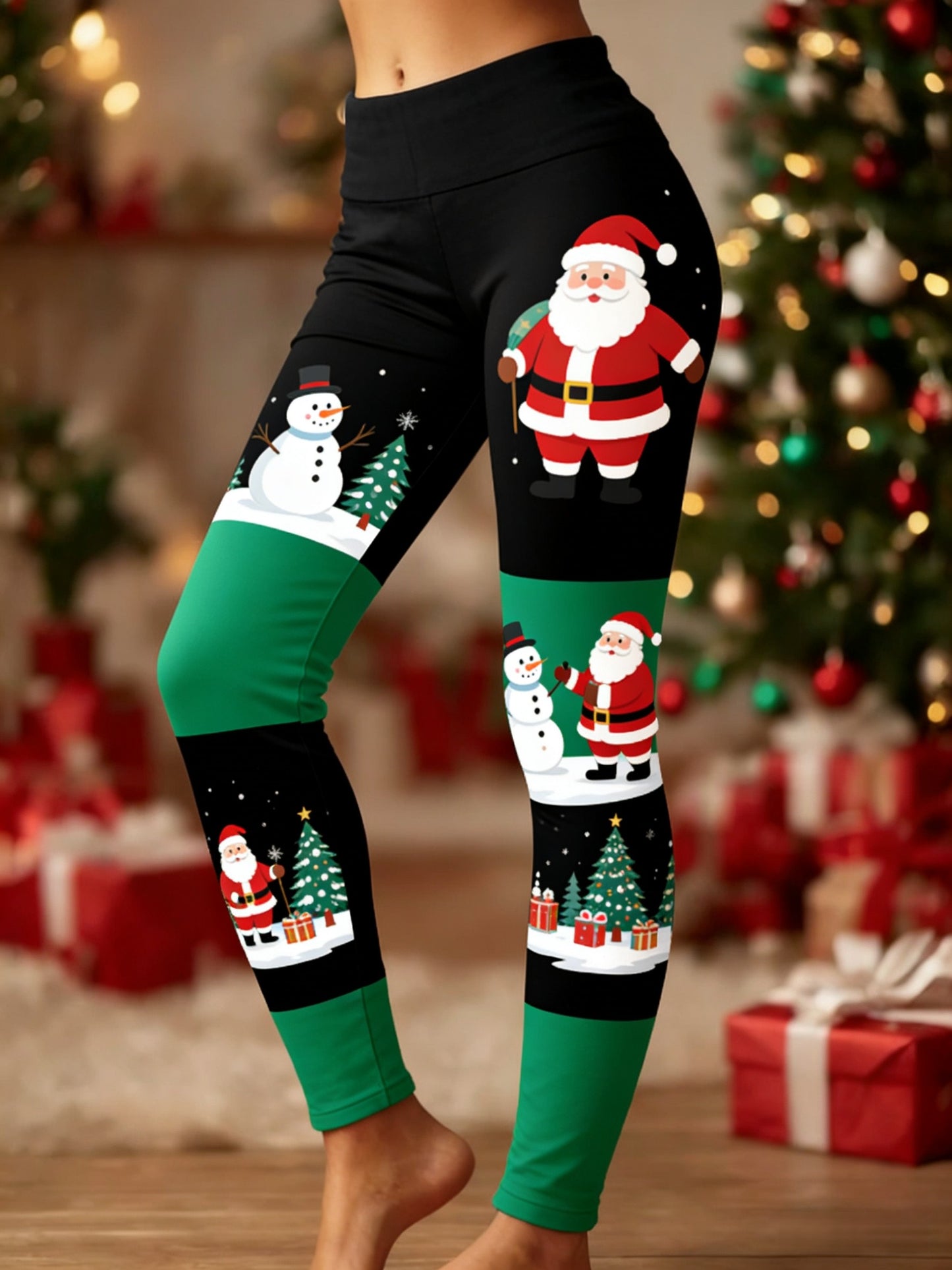 Women's Retro Christmas Santa Fun Art Patchwork Sports Stretch Leggings