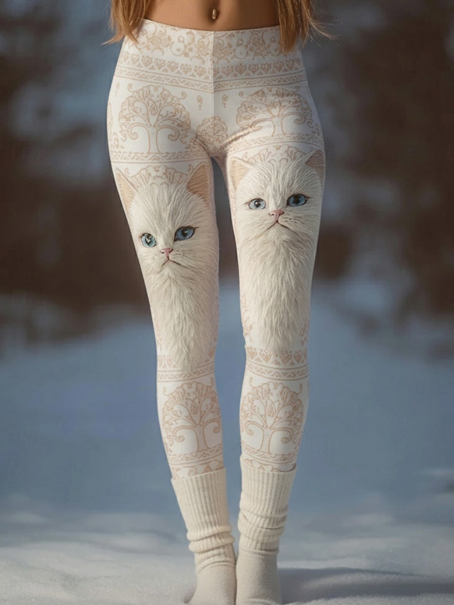 Women's kitten-themed thermal leggings