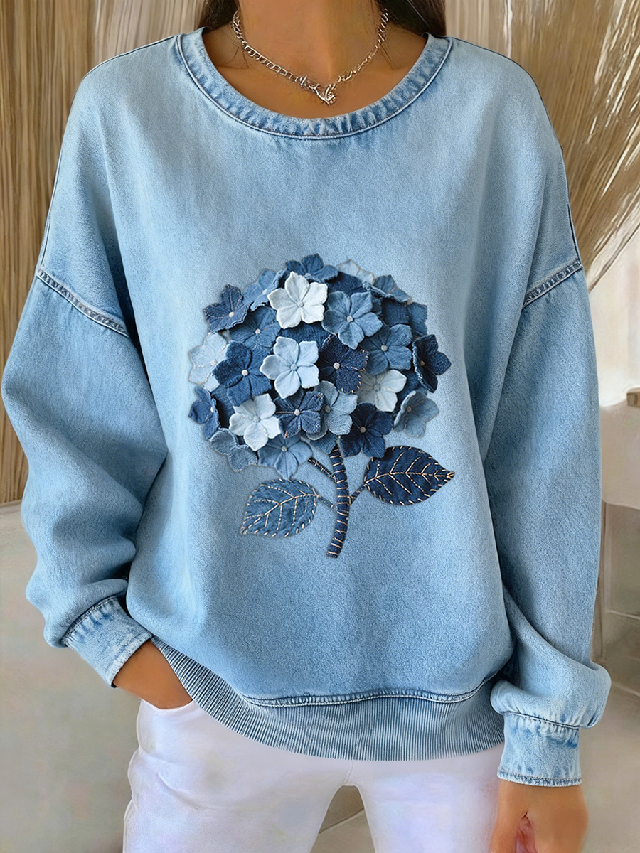 Retro Denim Floral Patchwork Art Printed Casual Loose Long Sleeve Sweatshirt