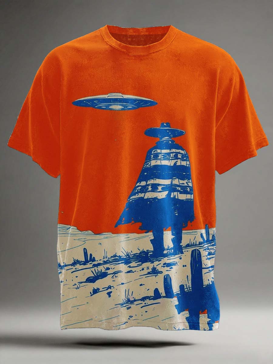 Abstract Western Cowboy UFO Print Casual Short-Sleeve T-Shirt