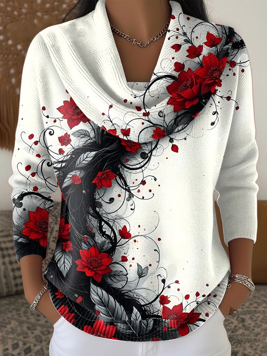 Women's Casual Apricot-Coloured Sweater with Floral Design