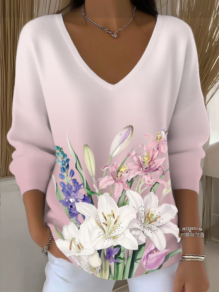Women's Pink Lily & Hyacinth Print V - Neck Top