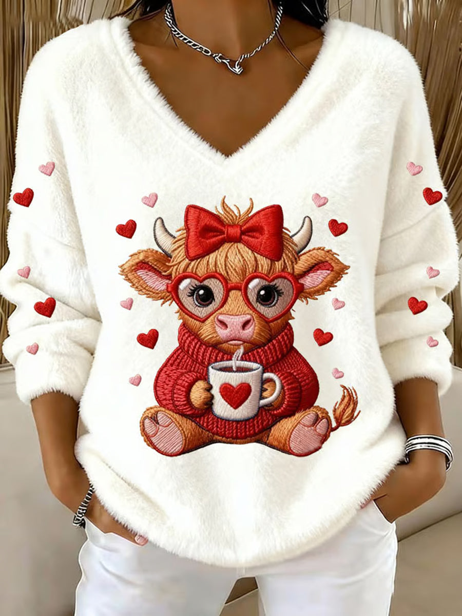 Women's Highland Sweetheart Cow Flannel V-Neck Top