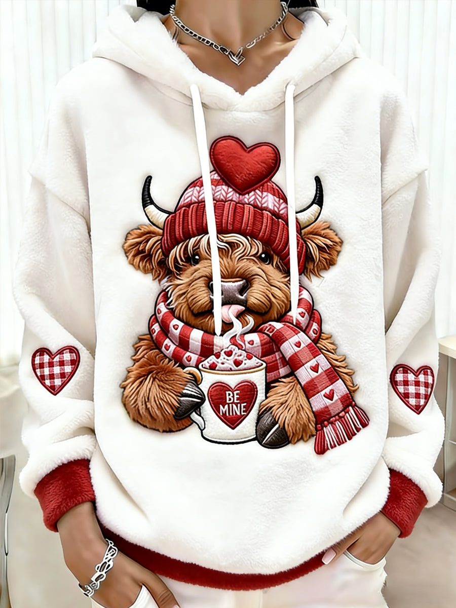 Women's Valentine's Day Highland Cow Print Flannel Hoodie