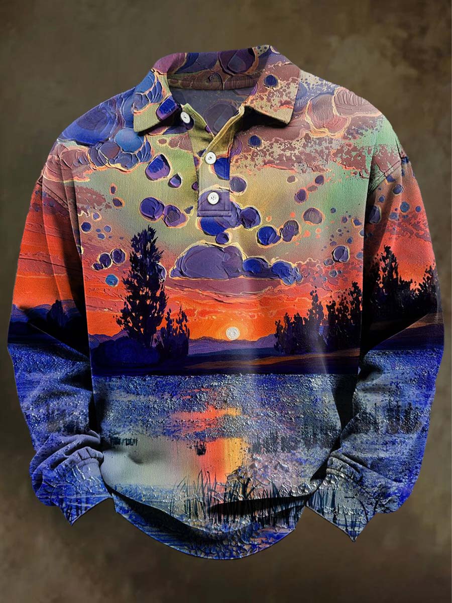 Abstract Lakeside Sunset Print Casual Long-Sleeve Polo Shirt