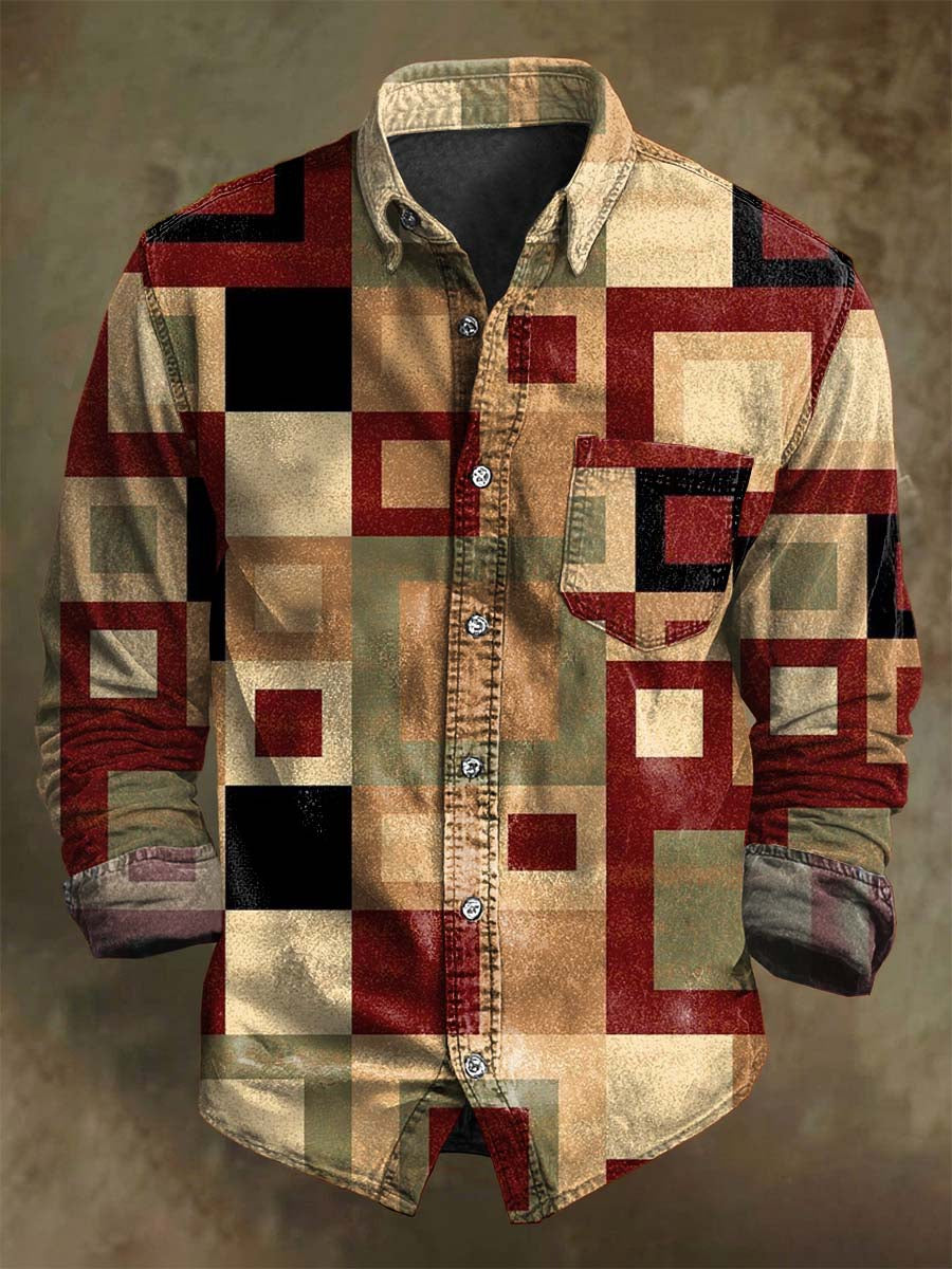 Abstract Retro Geometric Print Casual Long-Sleeve Shirt