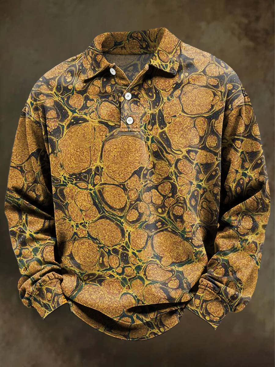 Abstract Marble Print Casual Long-Sleeve Polo Shirt