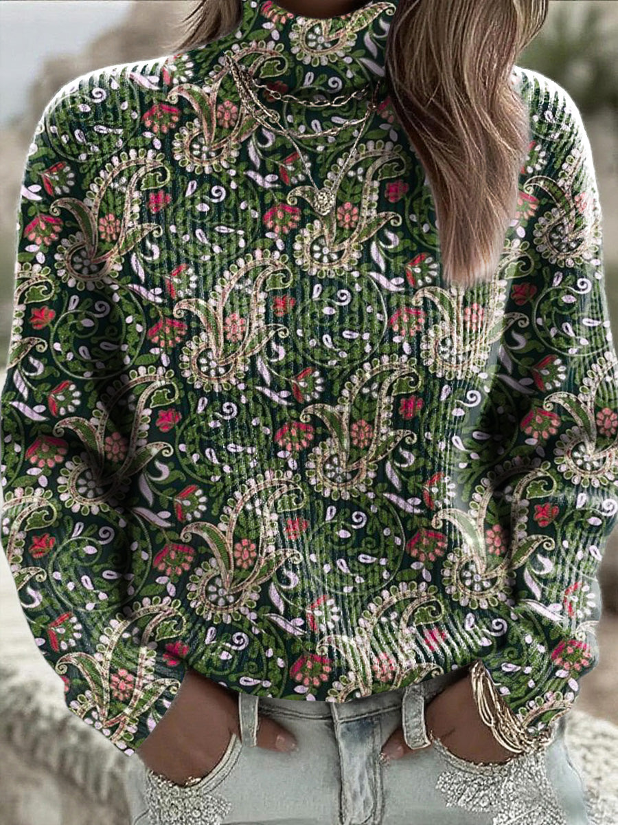 Women's Green Paisley Comfortable Turtleneck Jumper