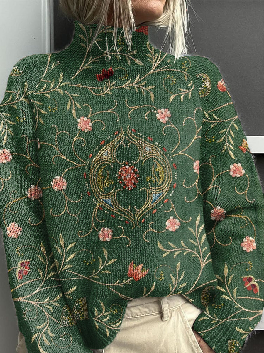 Women's Green Embroidered Floral Turtleneck Jumper