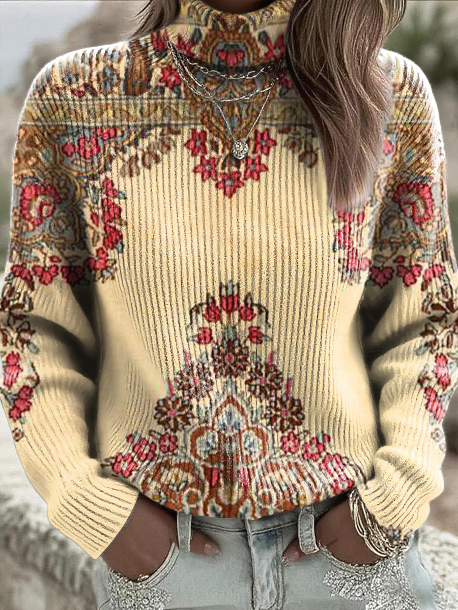 Women's Yellow Ethnic Floral High-Neck Jumper