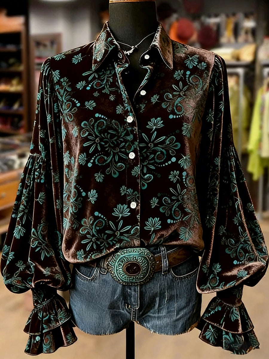 Women's Retro Plants Flowers Art Print Long Sleeve Top