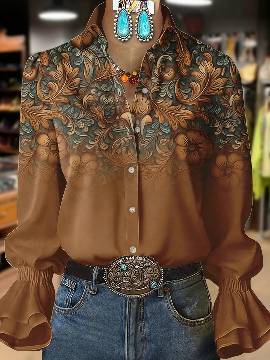 Women's Retro Plants Flowers Art Print Collared Long Sleeve Top