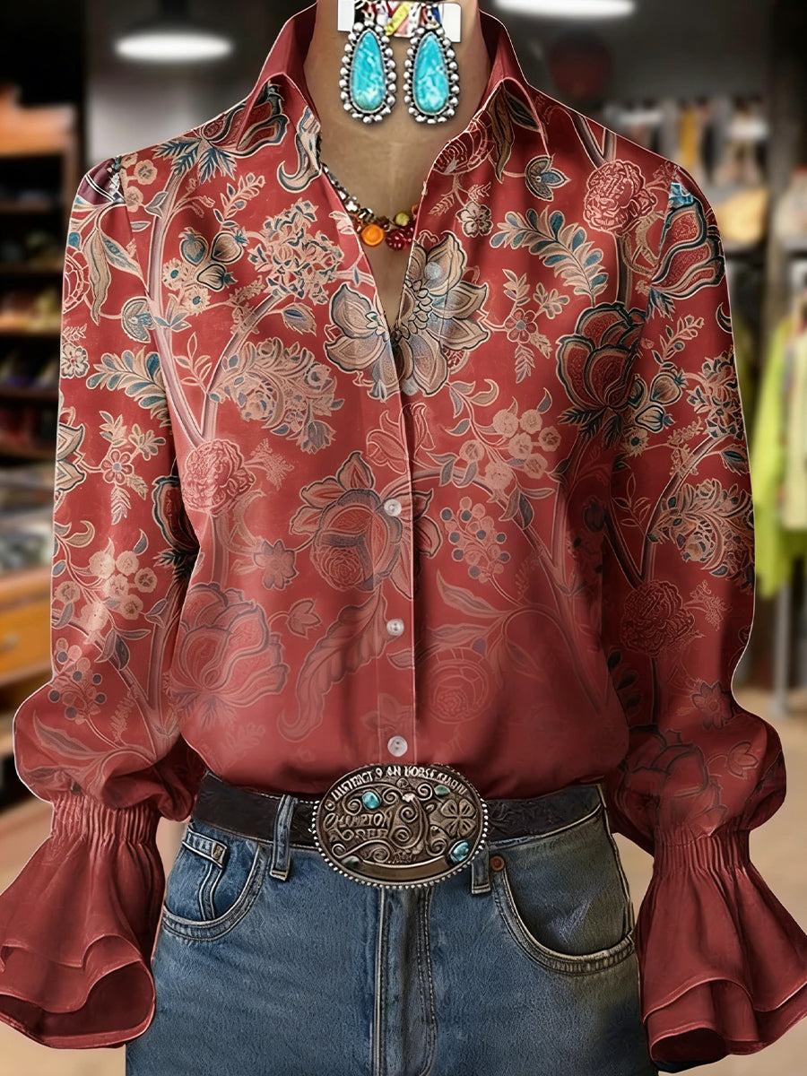 Women's Retro Plants Flowers Art Print Collared Long Sleeve Top