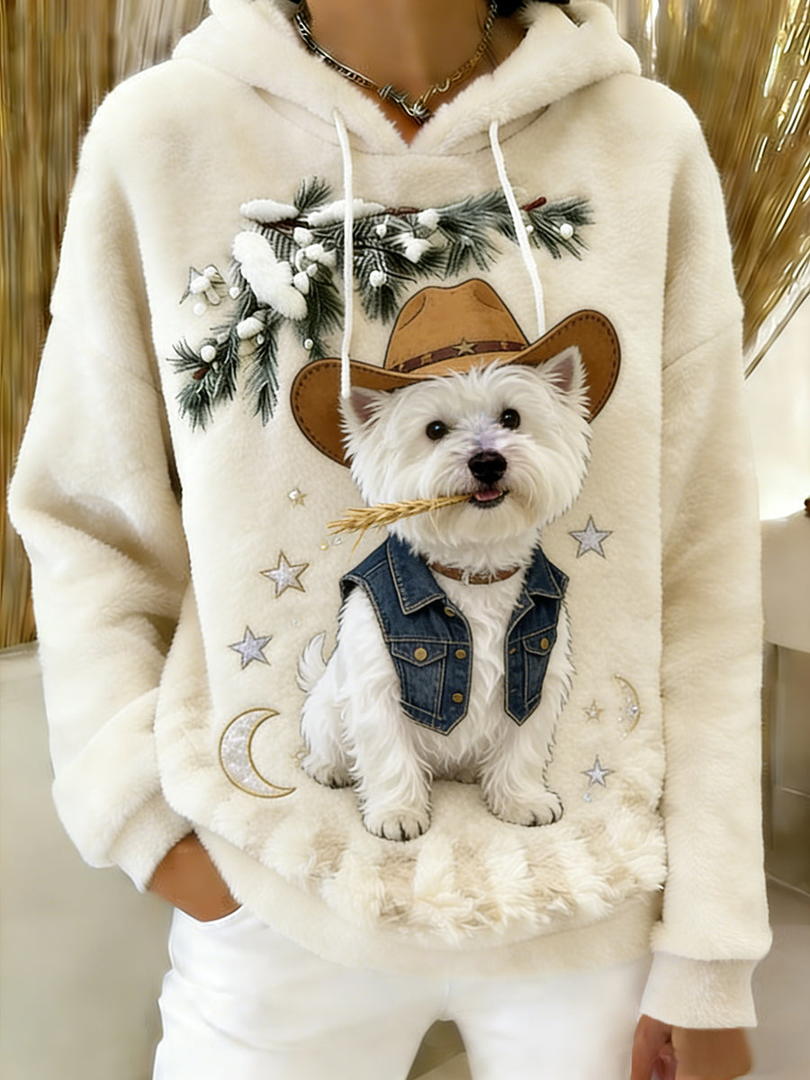 Women's Retro Animal Art Print Comfortable Flannel Hooded Sweatshirt