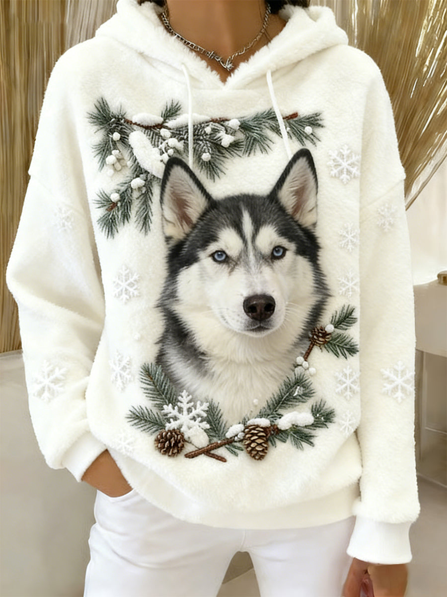 Women's Retro Animal Art Print Comfortable Flannel Hooded Sweatshirt