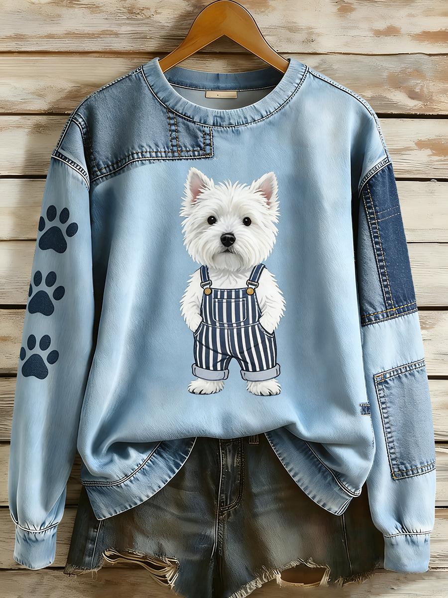 Women's Retro Denim Patchwork Animal Art Print Casual Comfort Long-Sleeve Sweatshirt