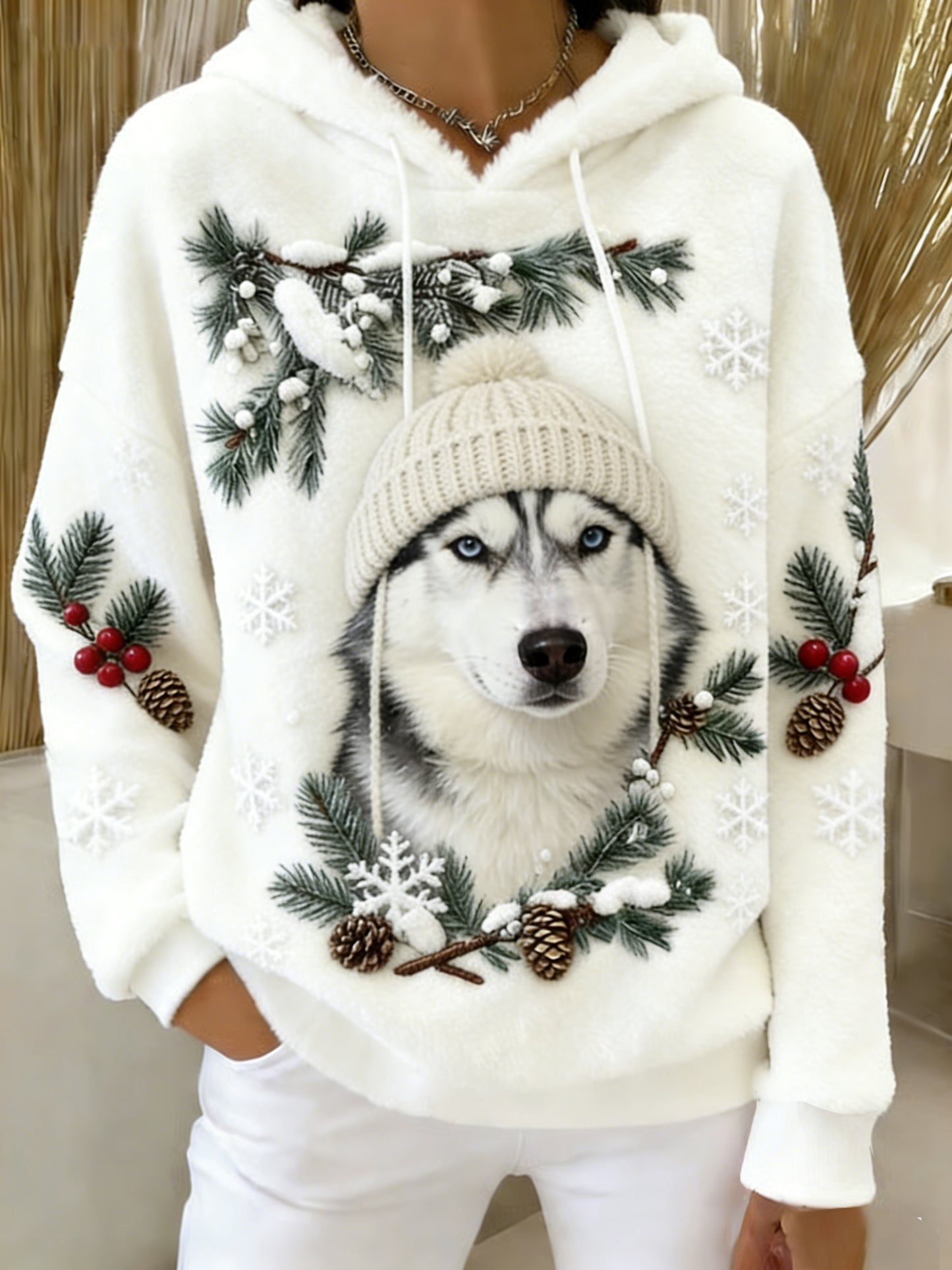 Women's Retro Animal Art Print Comfortable Flannel Hooded Sweatshirt