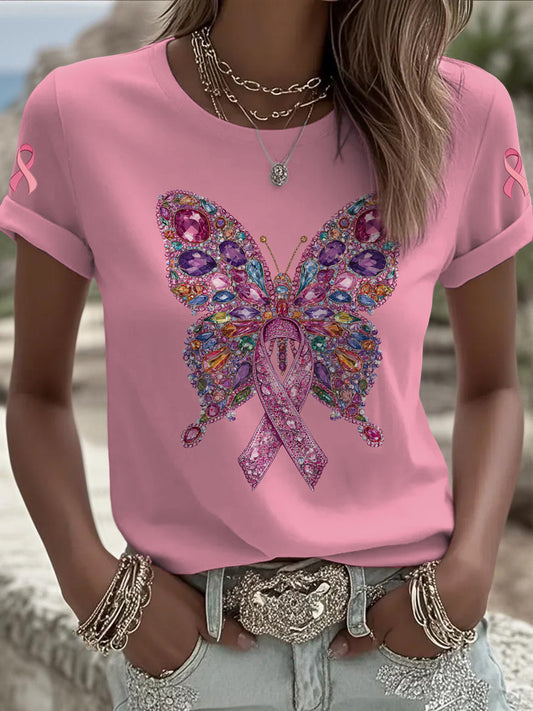 Women's Breast Cancer Butterfly Printed Vintage Fashion Loose Short Sleeve T-Shirt