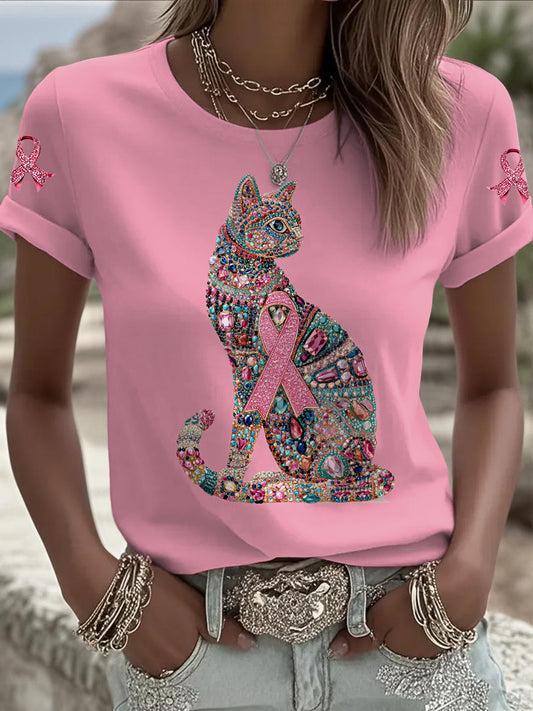 Women's Breast Cancer Cat Printed Vintage Fashion Loose Short Sleeve T-Shirt