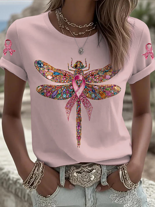 Women's Breast Cancer Dragonfly Printed Vintage Fashion Loose Short Sleeve T-Shirt