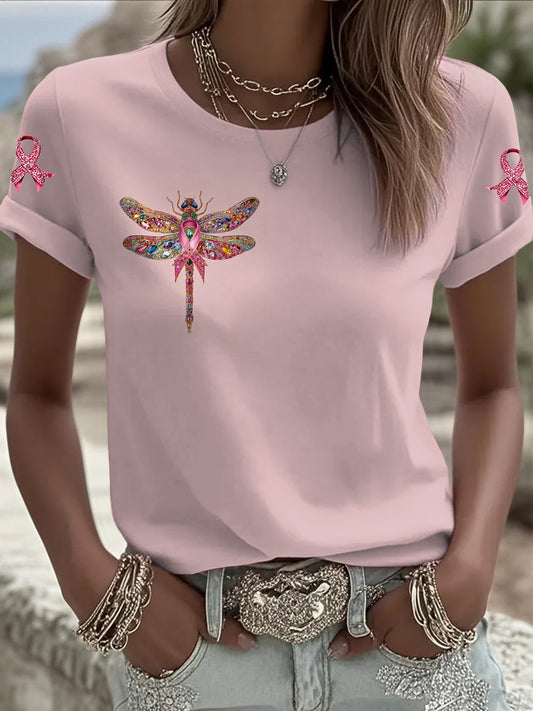 Women's Breast Cancer Dragonfly Printed Vintage Fashion Loose Short Sleeve T-Shirt