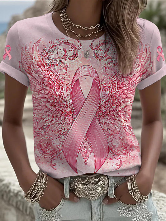 Women's Breast Cancer Printed Vintage Fashion Loose Short Sleeve T-Shirt