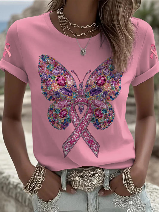 Women's Breast Cancer Butterfly Printed Vintage Fashion Loose Short Sleeve T-Shirt