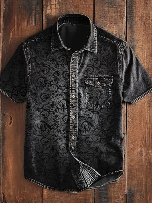 Unisex Men's Vintage Punk Gothic Gradient Swirl Patterns Abstract Print Casual Short Sleeve Pocket Shirt