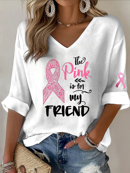 Women's Vintage Breast Cancer Ribbon V-Neck Top
