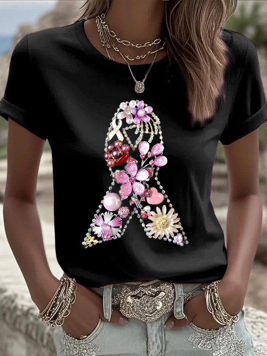 Women's Black 3D Ribbon Fashion T-shirt