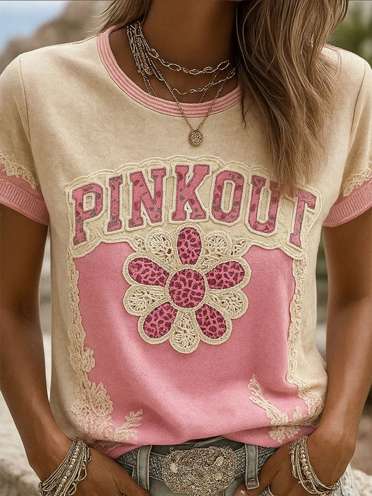 Women's Retro Pink Print Comfortable Casual T-shirt
