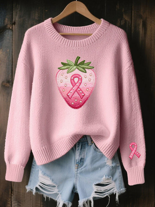 Women's Breast Cancer Pink Embroidered Strawberry Comfortable Knit Sweater