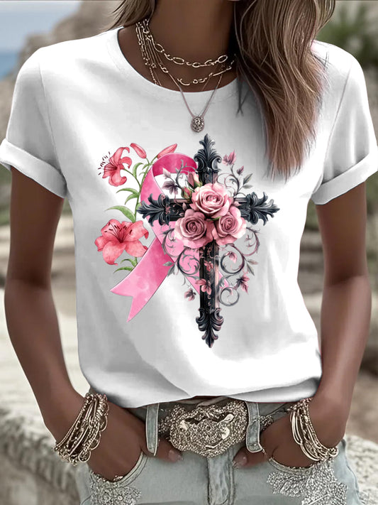 Women's fashionable European white T-shirt, bright rose cross and breast cancer prevention ribbon design, create a fashionable daily item