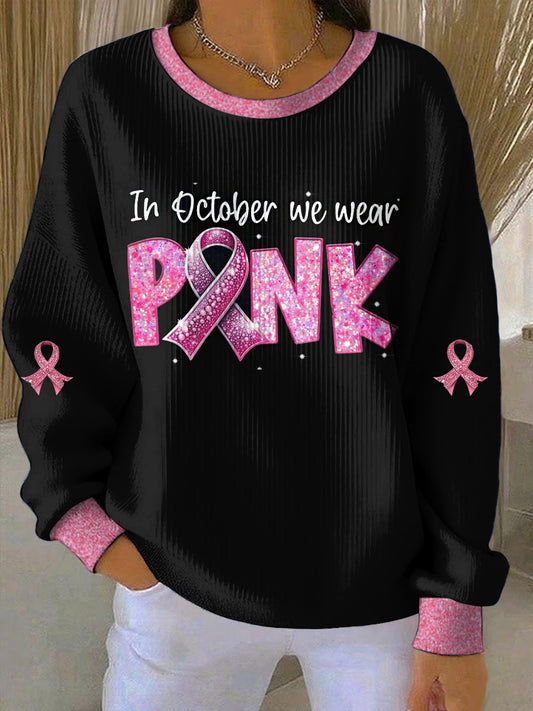 Women's Breast Cancer Printed Round Neck Long Sleeved Sweater