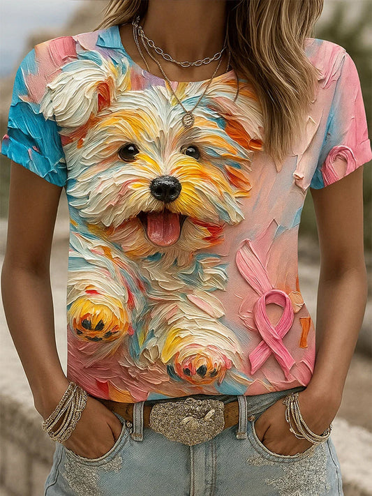 Women's Breast Cancer Ribbon Animal Print Cotton T-Shirt